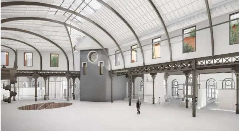 3D render of the central hall with iron & glass atrium skylight and cast-iron columns
